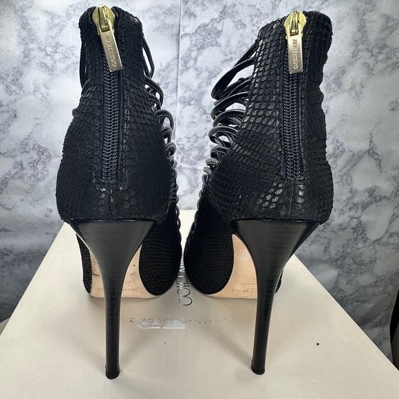 Jimmy Choo Black Embossed Leather Quito Cage Booties EU 39 Classy Party Shoes - Picture 4 of 16